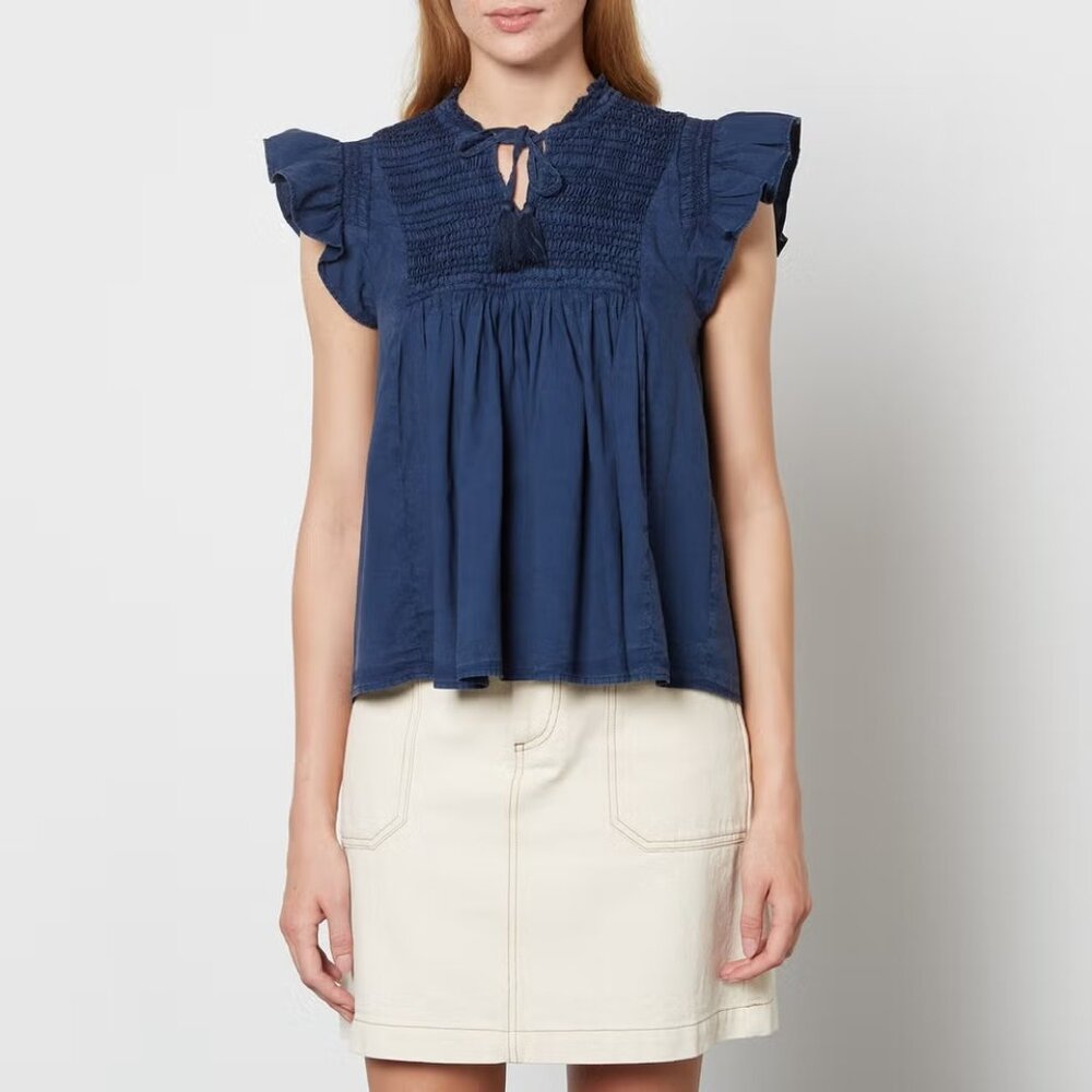 Sea NY Simona Flutter Sleeve Smocked Cotton Sleeveless Top in Indigo Blue, XS